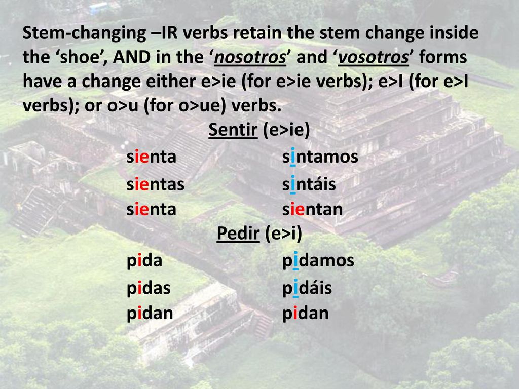 Stem-changing –IR verbs retain the stem change inside the ‘shoe’, AND in the ‘nosotros’ and ‘vosotros’ forms have a change either e>ie (for e>ie verbs); e>I (for e>I verbs); or o>u (for o>ue) verbs.
