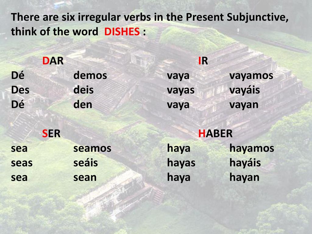 There are six irregular verbs in the Present Subjunctive, think of the word DISHES :