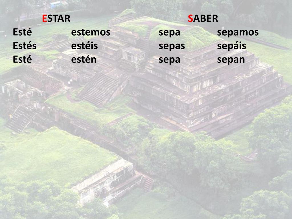 ESTAR SABER Esté estemos sepa sepamos. Estés estéis sepas sepáis.