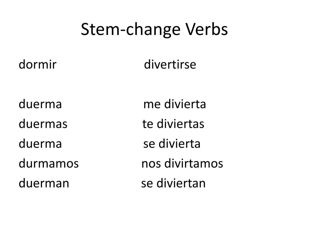Stem-change Verbs dormir divertirse duerma me divierta duermas te diviertas duerma se divierta durmamos nos divirtamos duerman se diviertan