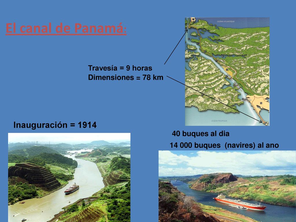 El canal de Panamá: Inauguración = 1914 Travesía = 9 horas
