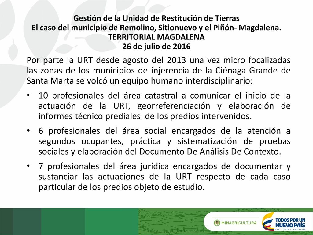 Gestión de la Unidad de Restitución de Tierras El caso del municipio de Remolino, Sitionuevo y el Piñón- Magdalena. TERRITORIAL MAGDALENA 26 de julio de 2016