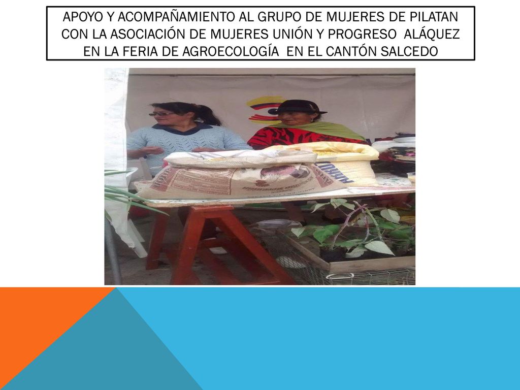 Apoyo y acompañamiento al grupo de mujeres de pilatan con la asociación de mujeres unión y progreso aláquez en la feria de agroecología en el cantón salcedo