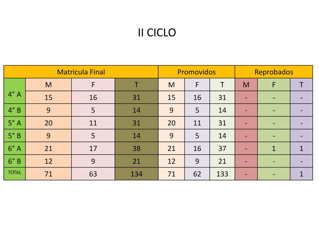 II CICLO 2° Ciclo Matricula Final Promovidos Reprobados 4° A M F T 15