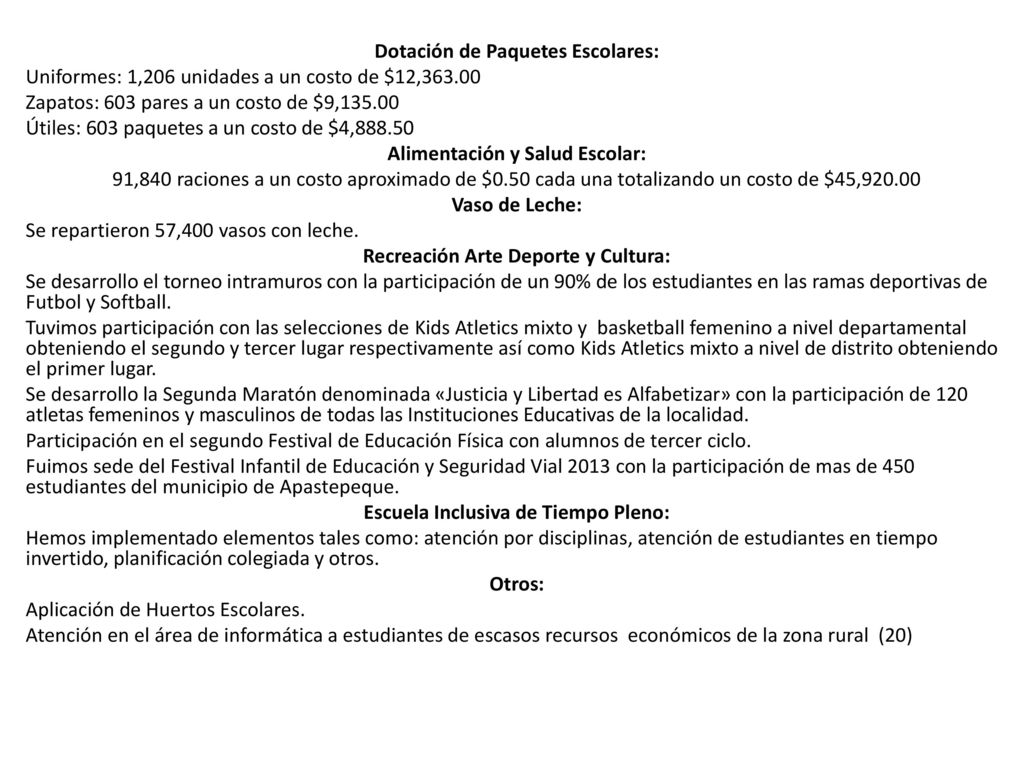 Dotación de Paquetes Escolares: Uniformes: 1,206 unidades a un costo de $12, Zapatos: 603 pares a un costo de $9, Útiles: 603 paquetes a un costo de $4, Alimentación y Salud Escolar: 91,840 raciones a un costo aproximado de $0.50 cada una totalizando un costo de $45, Vaso de Leche: Se repartieron 57,400 vasos con leche.
