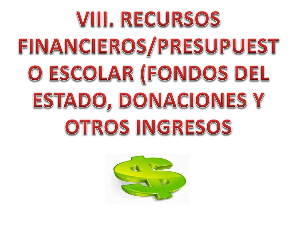 VIII. RECURSOS FINANCIEROS/PRESUPUESTO ESCOLAR (FONDOS DEL ESTADO, DONACIONES Y OTROS INGRESOS