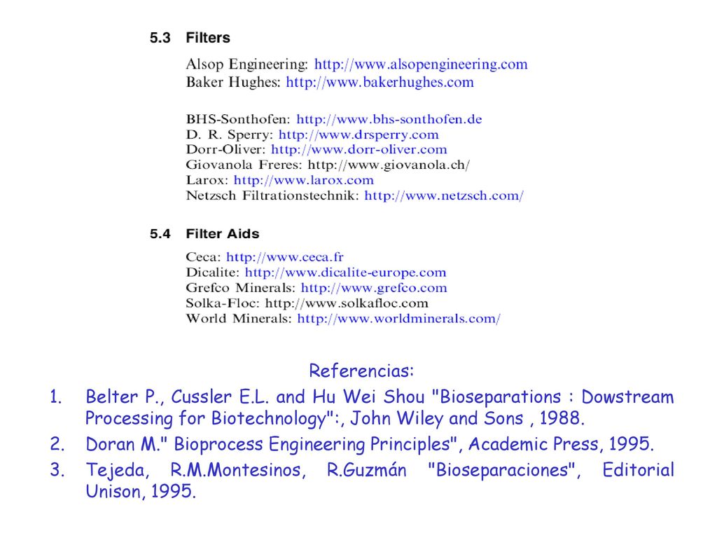Referencias: Belter P., Cussler E.L. and Hu Wei Shou Bioseparations : Dowstream Processing for Biotechnology :, John Wiley and Sons ,