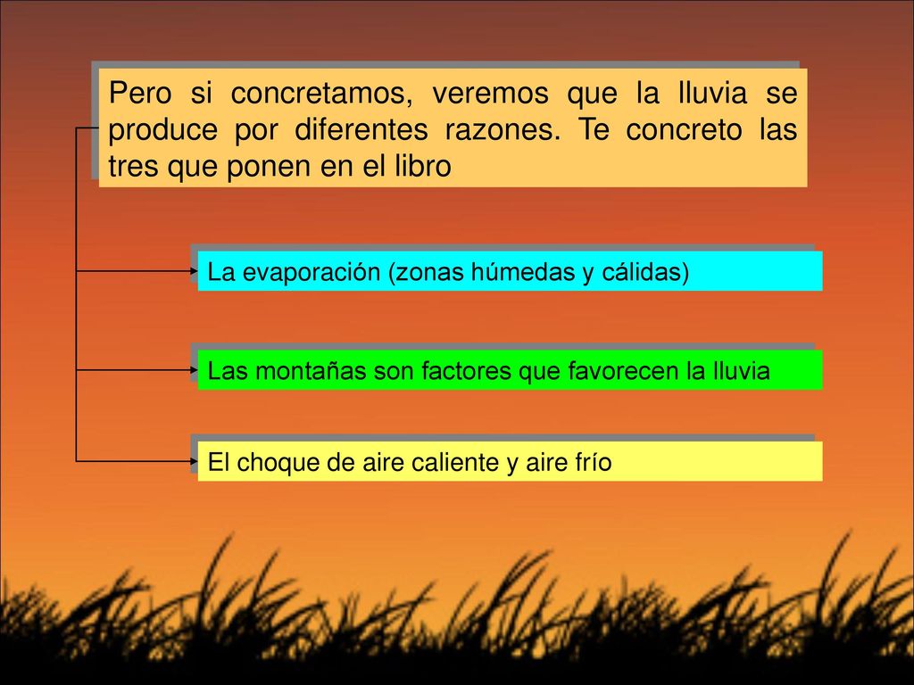 Pero si concretamos, veremos que la lluvia se produce por diferentes razones. Te concreto las tres que ponen en el libro