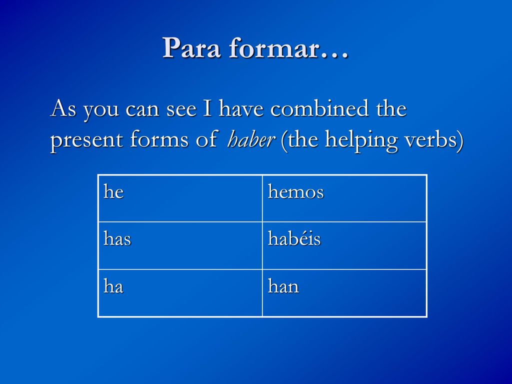 Para formar… As you can see I have combined the present forms of haber (the helping verbs) he. hemos.