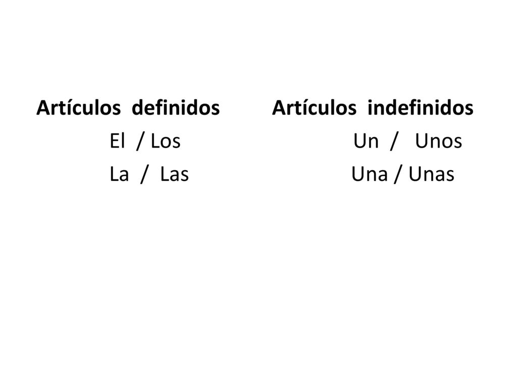 Artículos definidos Artículos indefinidos El / Los Un / Unos La / Las Una / Unas