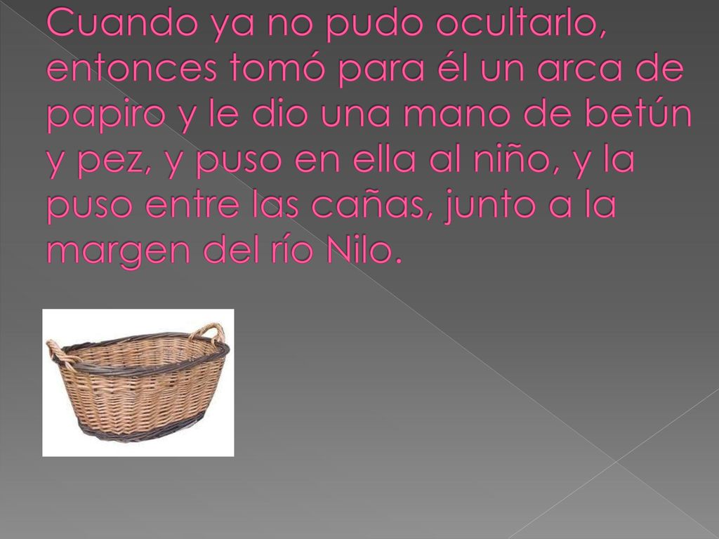 Cuando ya no pudo ocultarlo, entonces tomó para él un arca de papiro y le dio una mano de betún y pez, y puso en ella al niño, y la puso entre las cañas, junto a la margen del río Nilo.