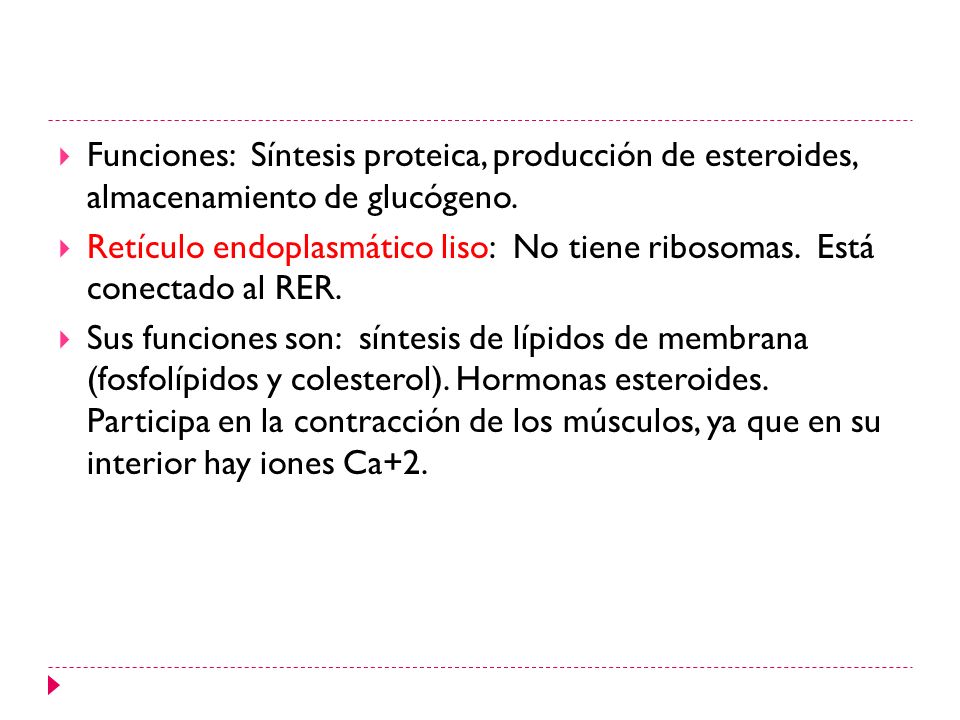 Funciones: Síntesis proteica, producción de esteroides, almacenamiento de glucógeno.