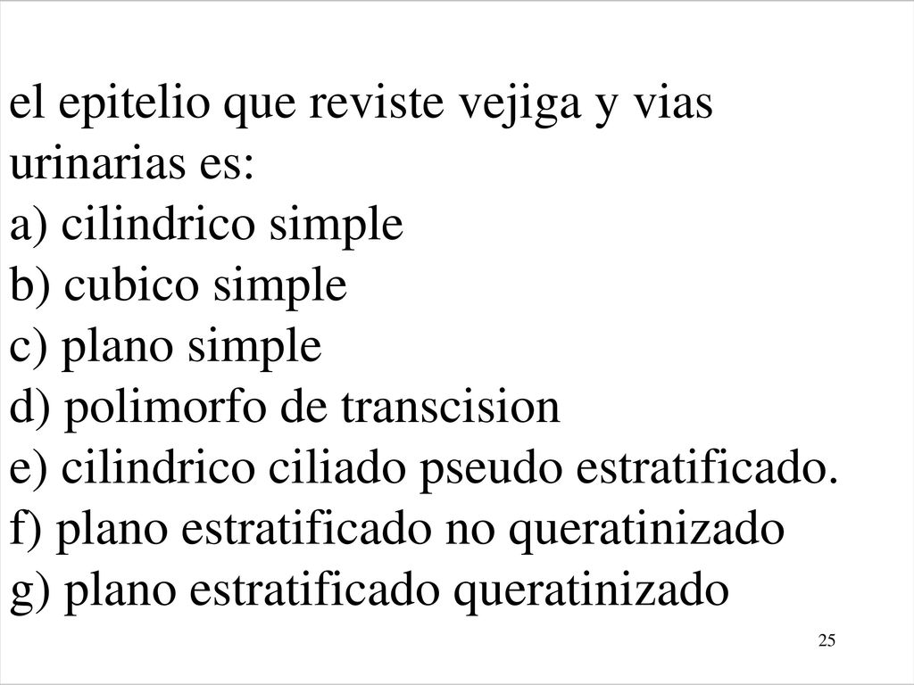 el epitelio que reviste vejiga y vias urinarias es: a) cilindrico simple b) cubico simple c) plano simple d) polimorfo de transcision e) cilindrico ciliado pseudo estratificado.