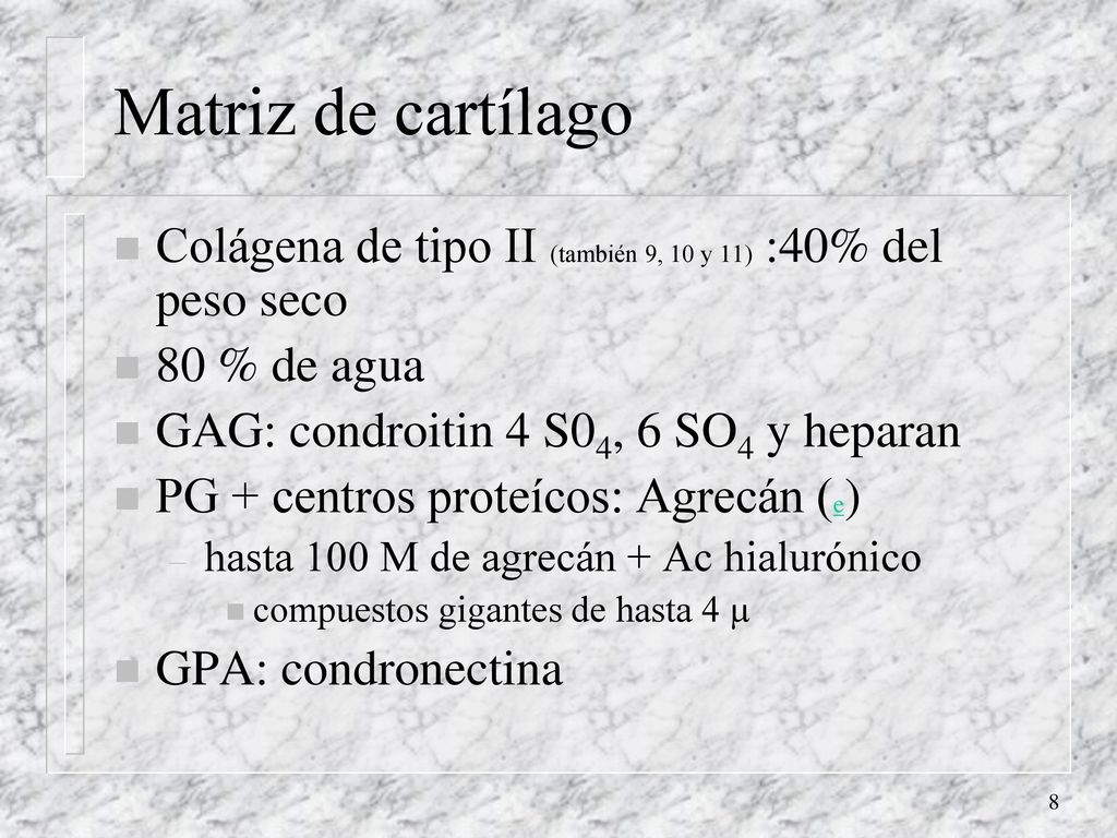 Matriz de cartílago Colágena de tipo II (también 9, 10 y 11) :40% del peso seco. 80 % de agua. GAG: condroitin 4 S04, 6 SO4 y heparan.