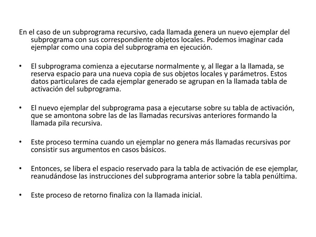 En el caso de un subprograma recursivo, cada llamada genera un nuevo ejemplar del subprograma con sus correspondiente objetos locales. Podemos imaginar cada ejemplar como una copia del subprograma en ejecución.