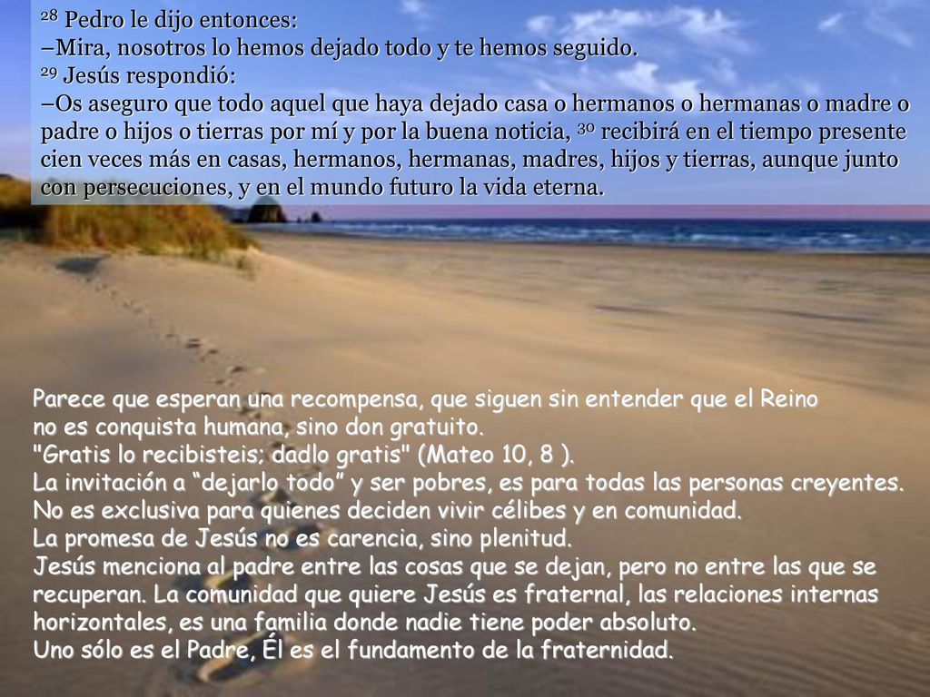 28 Pedro le dijo entonces: –Mira, nosotros lo hemos dejado todo y te hemos seguido.