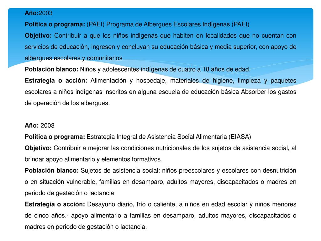 Año:2003 Política o programa: (PAEI) Programa de Albergues Escolares Indígenas (PAEI)