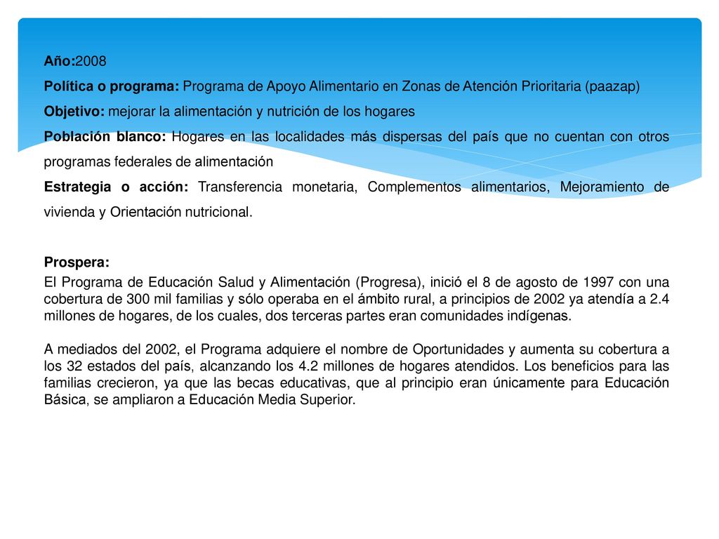 Año:2008 Política o programa: Programa de Apoyo Alimentario en Zonas de Atención Prioritaria (paazap)