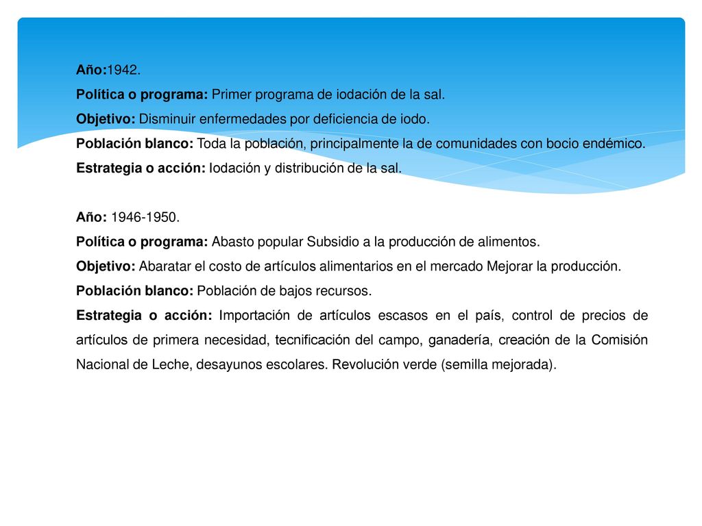 Año:1942. Política o programa: Primer programa de iodación de la sal. Objetivo: Disminuir enfermedades por deficiencia de iodo.