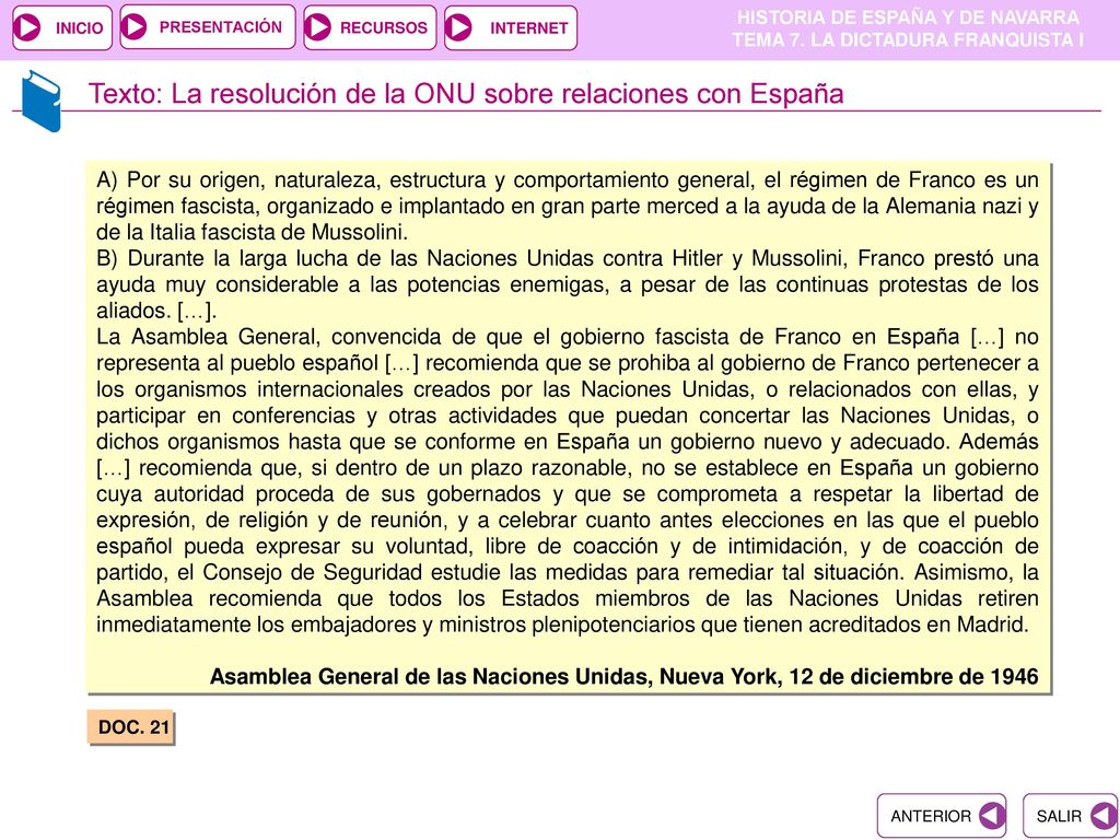 Texto: La resolución de la ONU sobre relaciones con España