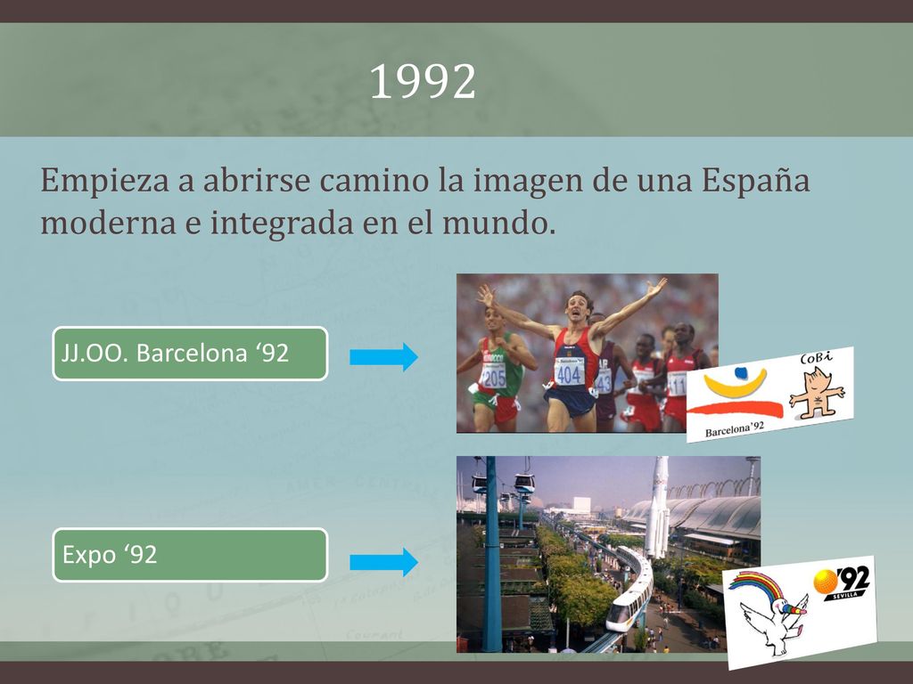 1992 Empieza a abrirse camino la imagen de una España moderna e integrada en el mundo. JJ.OO. Barcelona ‘92.