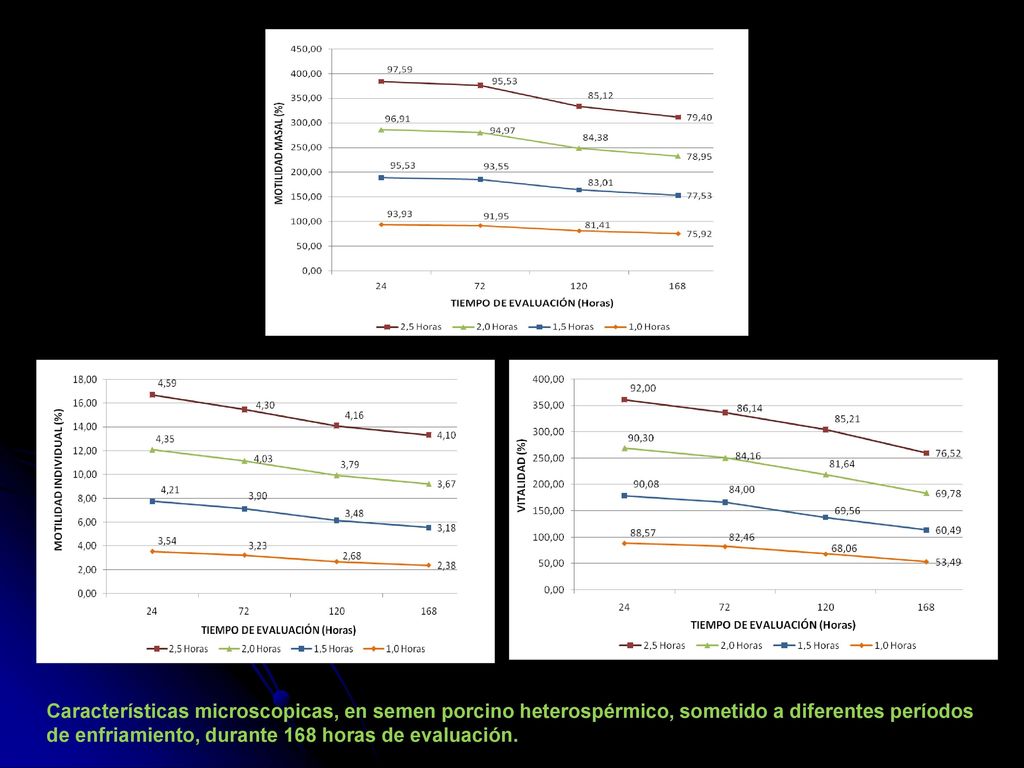 Características microscopicas, en semen porcino heterospérmico, sometido a diferentes períodos de enfriamiento, durante 168 horas de evaluación.