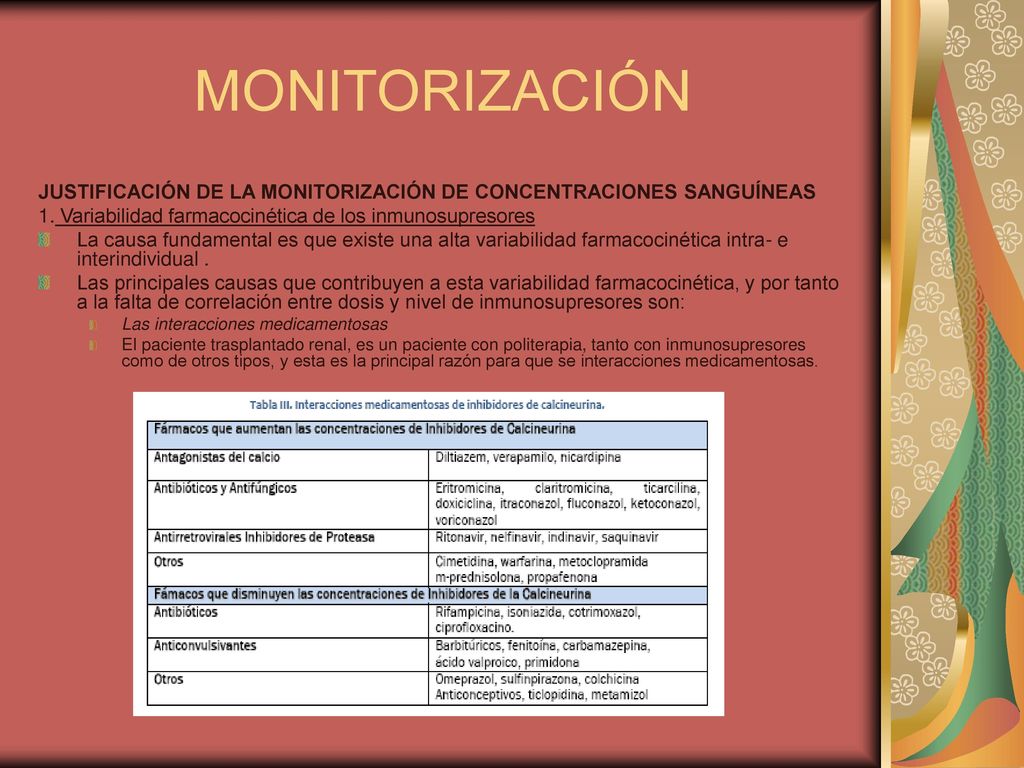 MONITORIZACIÓN JUSTIFICACIÓN DE LA MONITORIZACIÓN DE CONCENTRACIONES SANGUÍNEAS. 1. Variabilidad farmacocinética de los inmunosupresores.