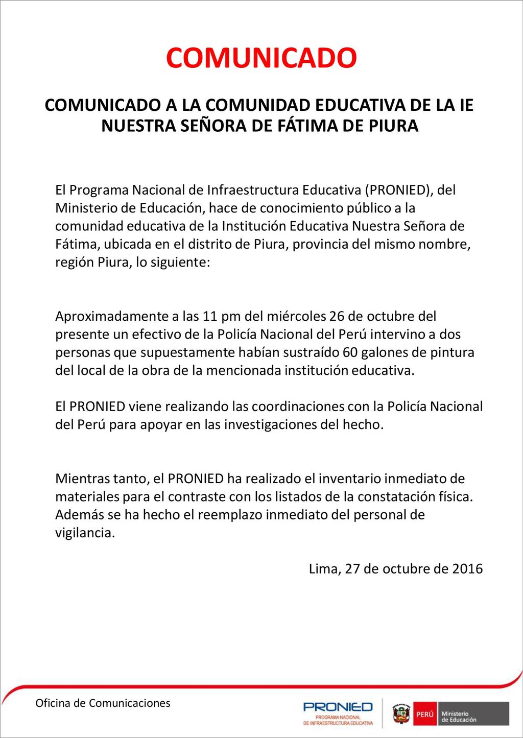 COMUNICADO COMUNICADO A LA COMUNIDAD EDUCATIVA DE LA IE NUESTRA SEÑORA DE FÁTIMA DE PIURA.