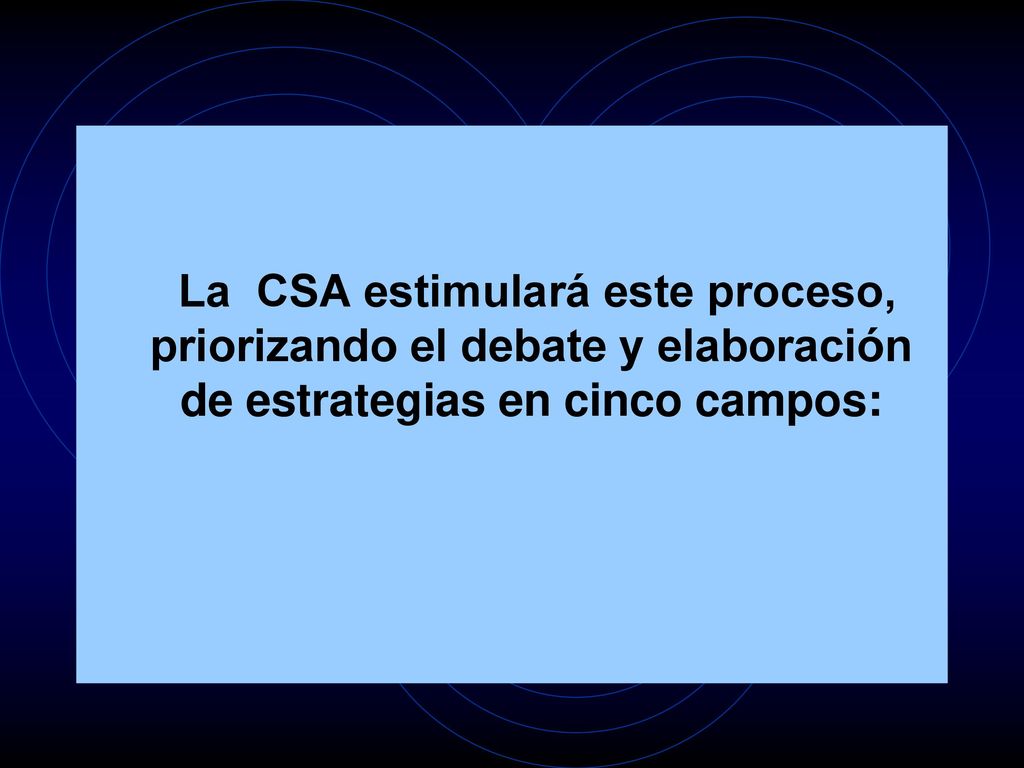 La CSA estimulará este proceso, priorizando el debate y elaboración de estrategias en cinco campos: