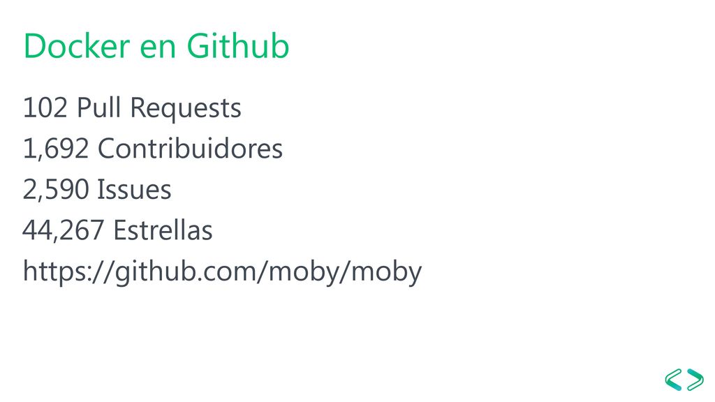Docker en Github 102 Pull Requests 1,692 Contribuidores 2,590 Issues 44,267 Estrellas