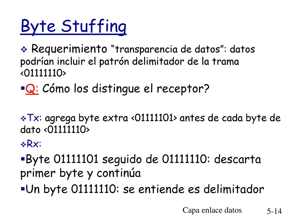 Byte Stuffing Requerimiento transparencia de datos : datos podrían incluir el patrón delimitador de la trama < >