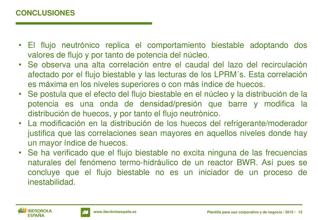 CONCLUSIONES El flujo neutrónico replica el comportamiento biestable adoptando dos valores de flujo y por tanto de potencia del núcleo.