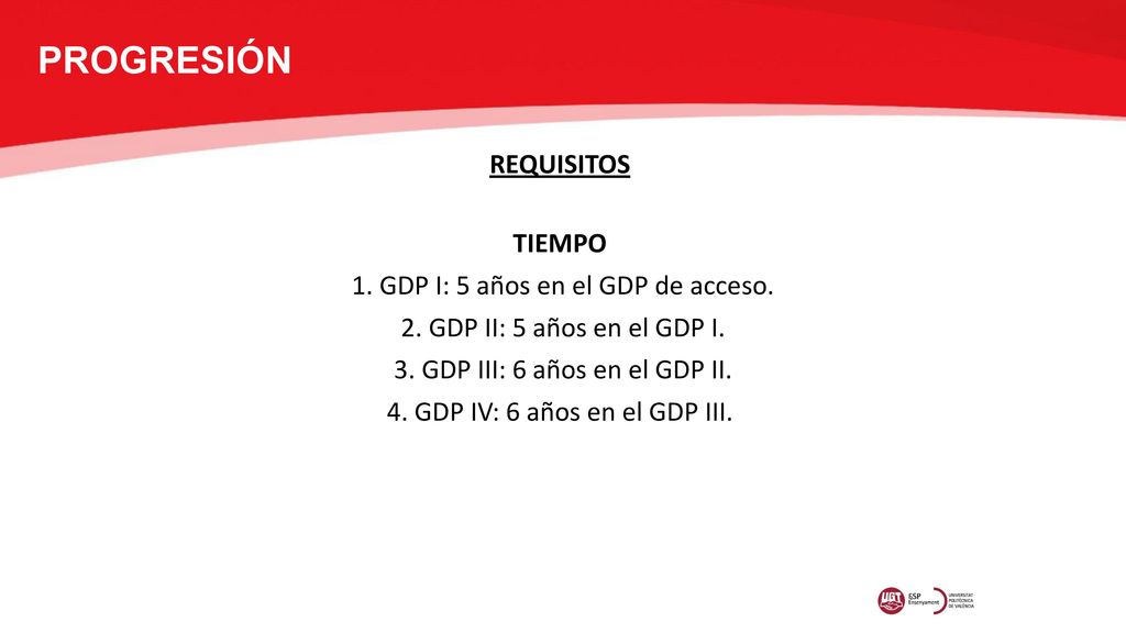 PROGRESIÓN REQUISITOS TIEMPO 1. GDP I: 5 años en el GDP de acceso.
