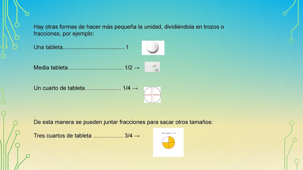 Hay otras formas de hacer más pequeña la unidad, dividiéndola en trozos o fracciones, por ejemplo: