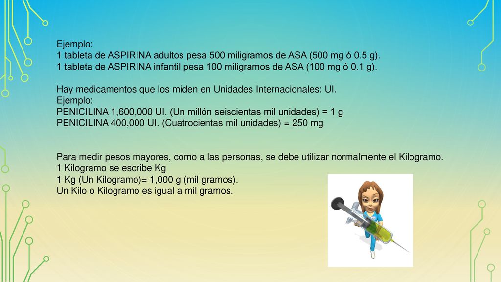 Ejemplo: 1 tableta de ASPIRINA adultos pesa 500 miligramos de ASA (500 mg ó 0.5 g).