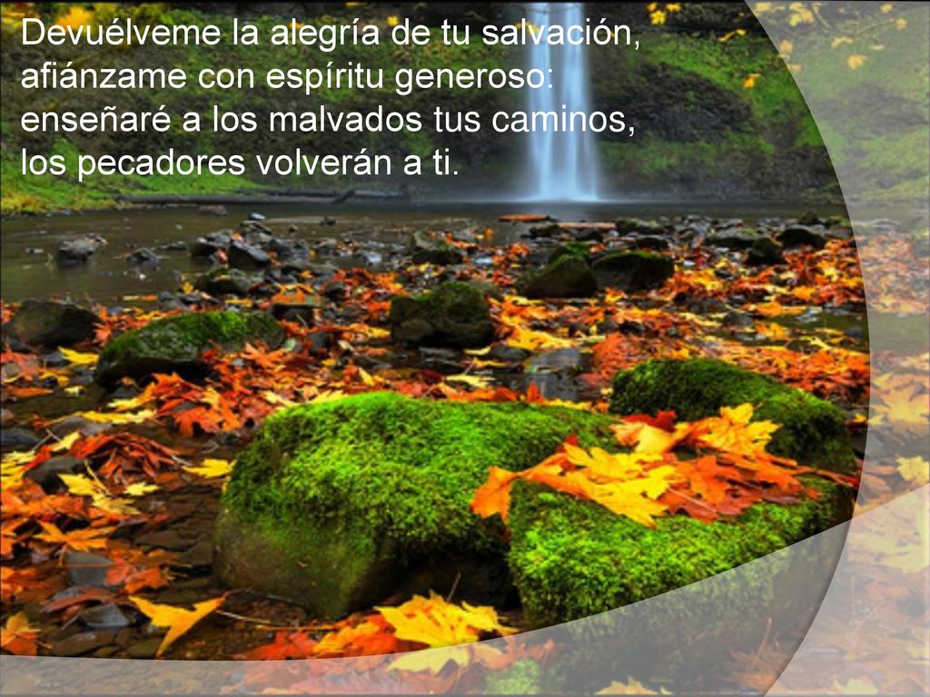 Devuélveme la alegría de tu salvación, afiánzame con espíritu generoso: enseñaré a los malvados tus caminos, los pecadores volverán a ti.