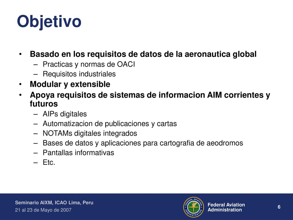 Objetivo Basado en los requisitos de datos de la aeronautica global