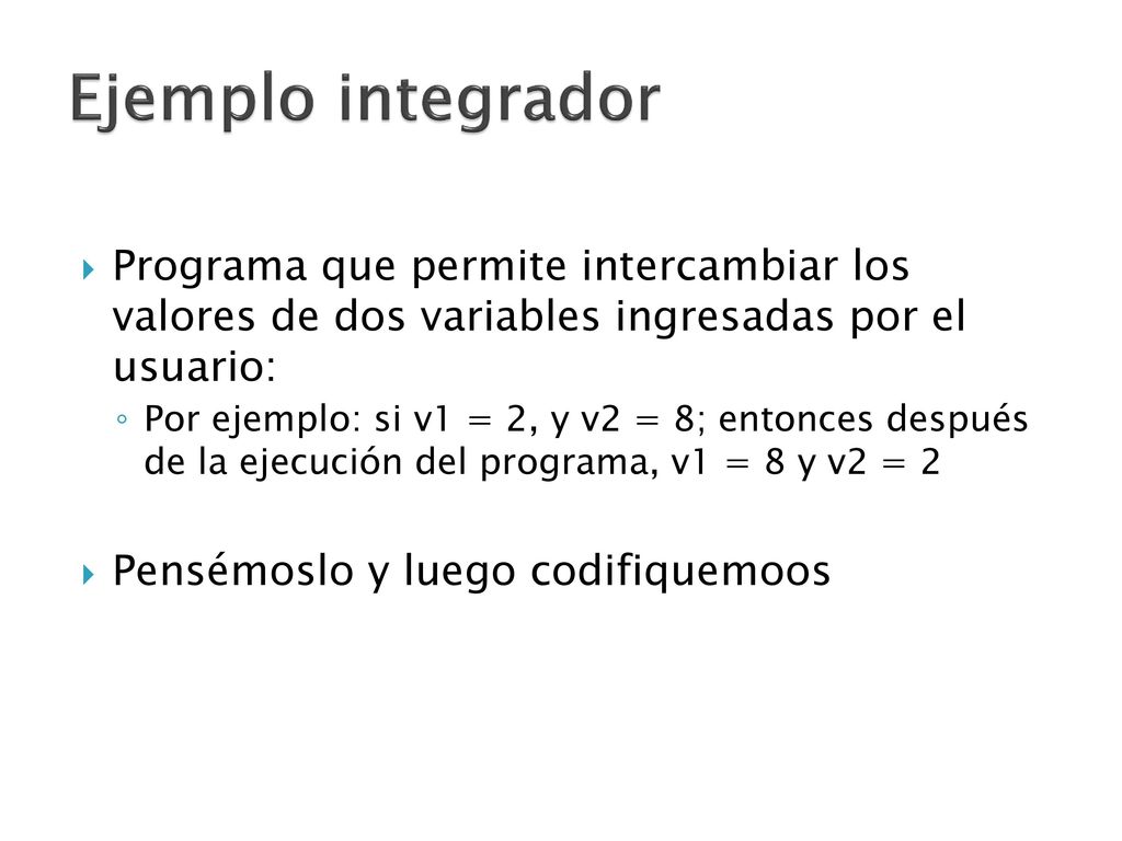 Ejemplo integrador Programa que permite intercambiar los valores de dos variables ingresadas por el usuario: