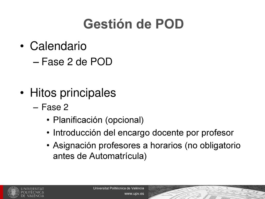 Gestión de POD Calendario Hitos principales Fase 2 de POD Fase 2