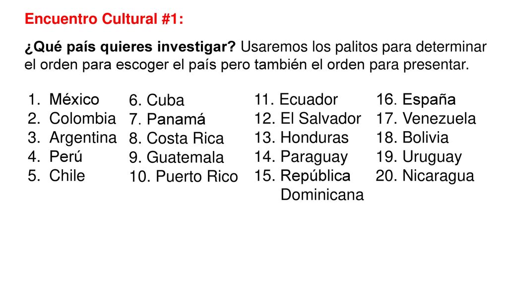 México Colombia Argentina Perú Chile 6. Cuba 7. Panamá 8. Costa Rica