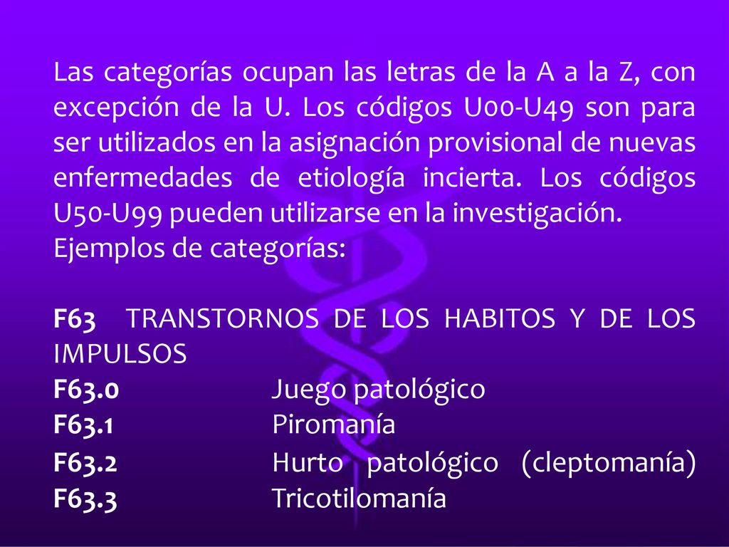Las categorías ocupan las letras de la A a la Z, con excepción de la U
