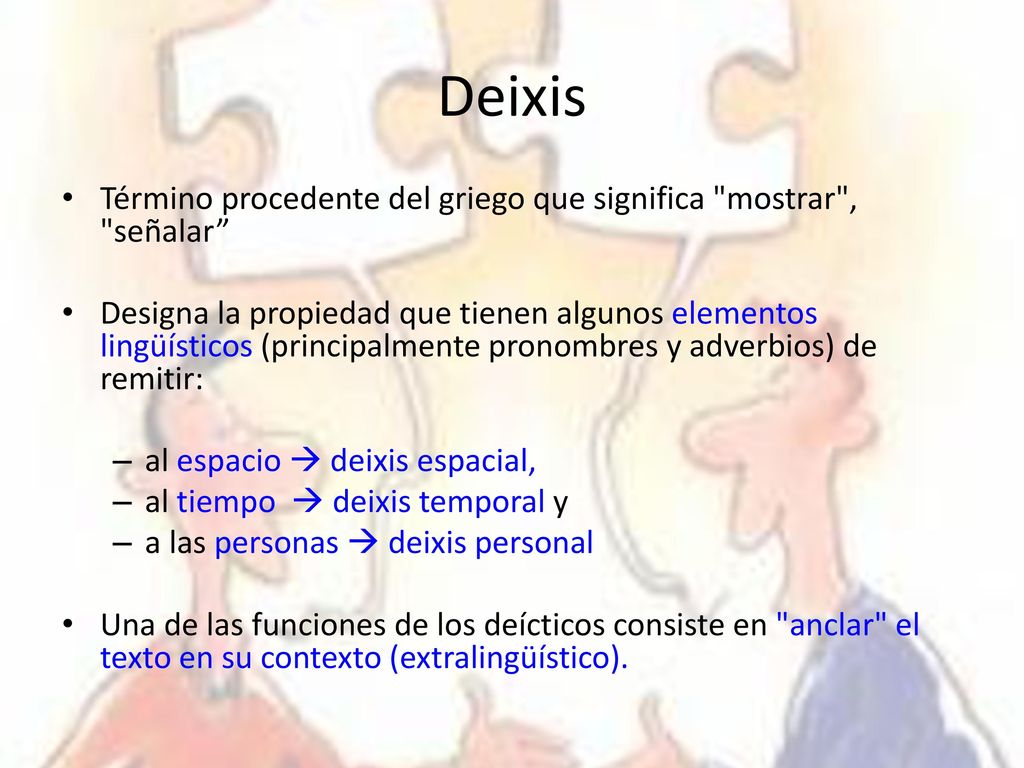 Deixis Término procedente del griego que significa mostrar , señalar