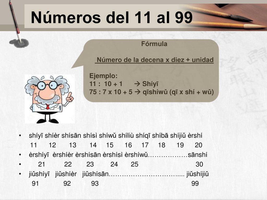 Números del 11 al 99 Fórmula Número de la decena x diez + unidad