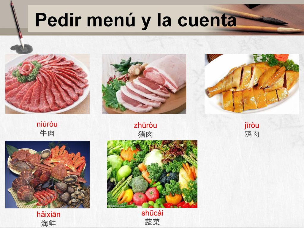 Pedir menú y la cuenta niúròu 牛肉 zhūròu 猪肉 jīròu 鸡肉 hǎixiān 海鲜 shūcài