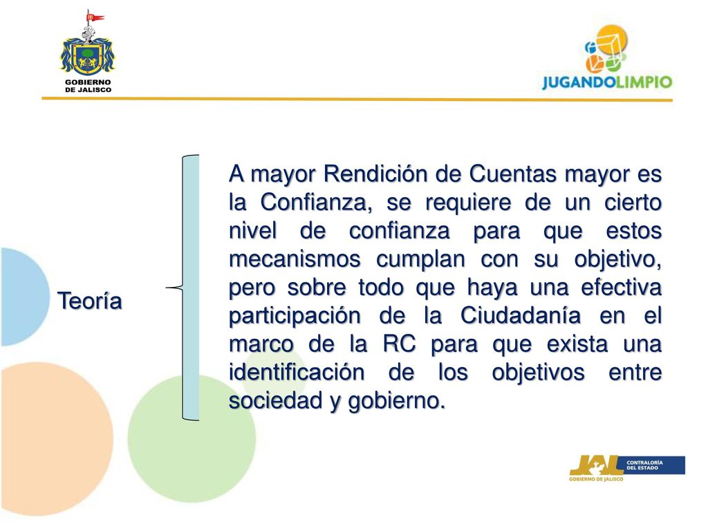 A mayor Rendición de Cuentas mayor es la Confianza, se requiere de un cierto nivel de confianza para que estos mecanismos cumplan con su objetivo, pero sobre todo que haya una efectiva participación de la Ciudadanía en el marco de la RC para que exista una identificación de los objetivos entre sociedad y gobierno.
