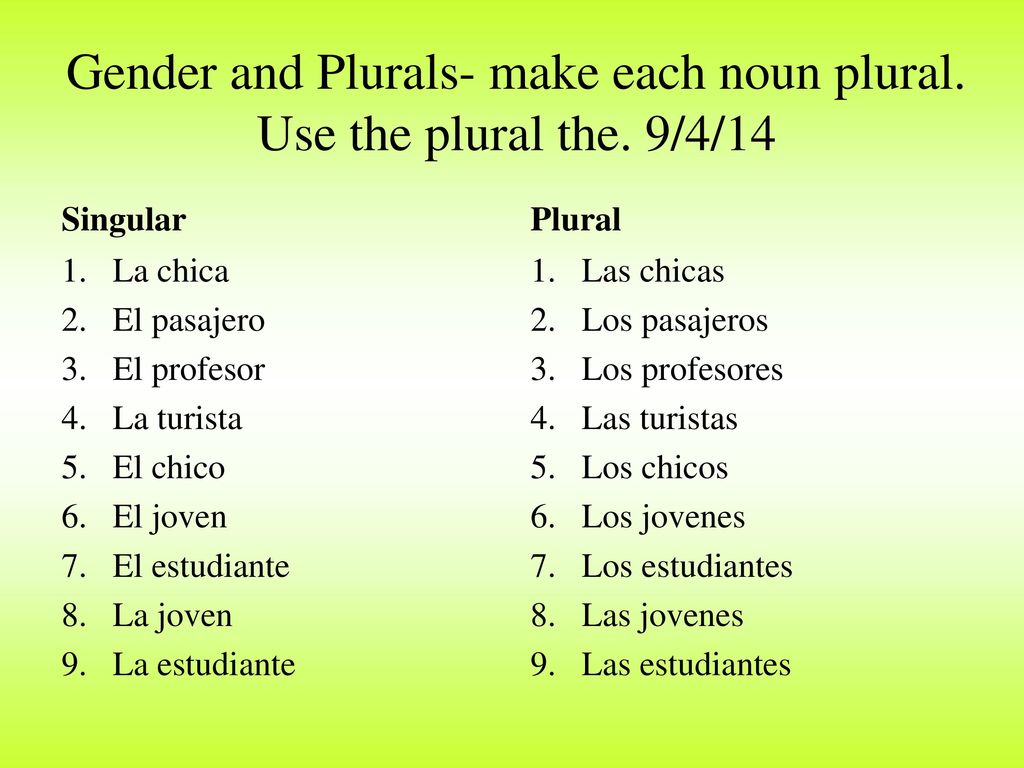 Gender and Plurals- make each noun plural. Use the plural the. 9/4/14