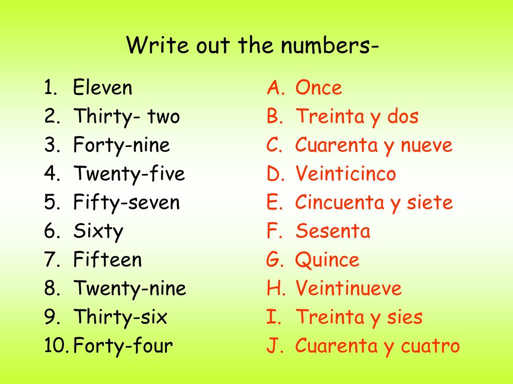 Write out the numbers- Eleven Thirty- two Forty-nine Twenty-five