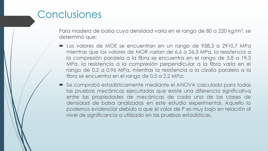 Conclusiones Para madera de balsa cuya densidad varía en el rango de 80 a 220 kg/m3, se determinó que: