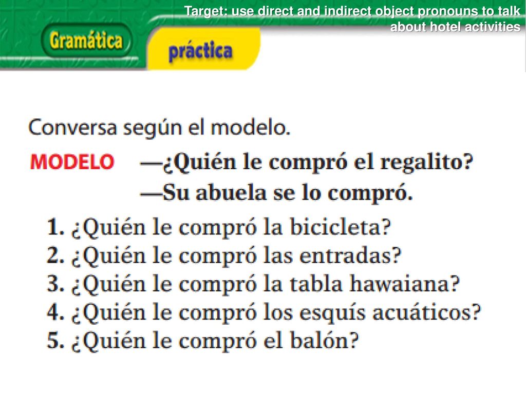 Target: use direct and indirect object pronouns to talk about hotel activities