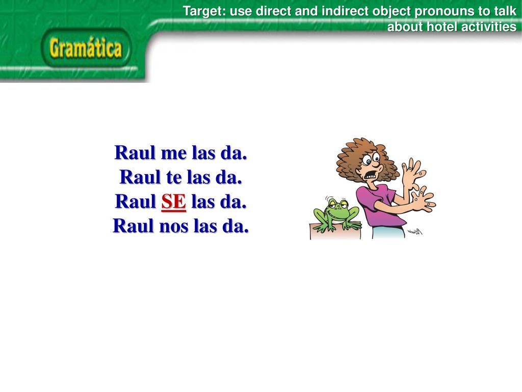 Raul me las da. Raul te las da. Raul SE las da. Raul nos las da.